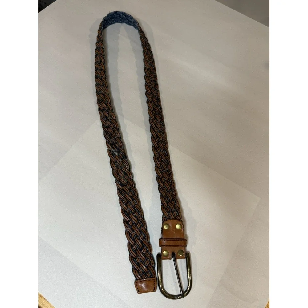Vintage Mens Denim Blue and Brown Braided Leather Belt  Woven 34